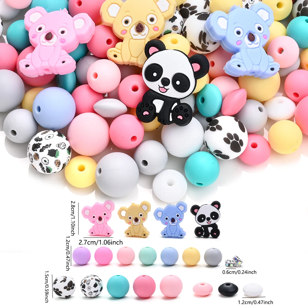 Silicone Baby Teething Bead Koala Panda Print Solid Color Silicone Beads Food Grade for Newborn DIY Pacifier Chain Accessories