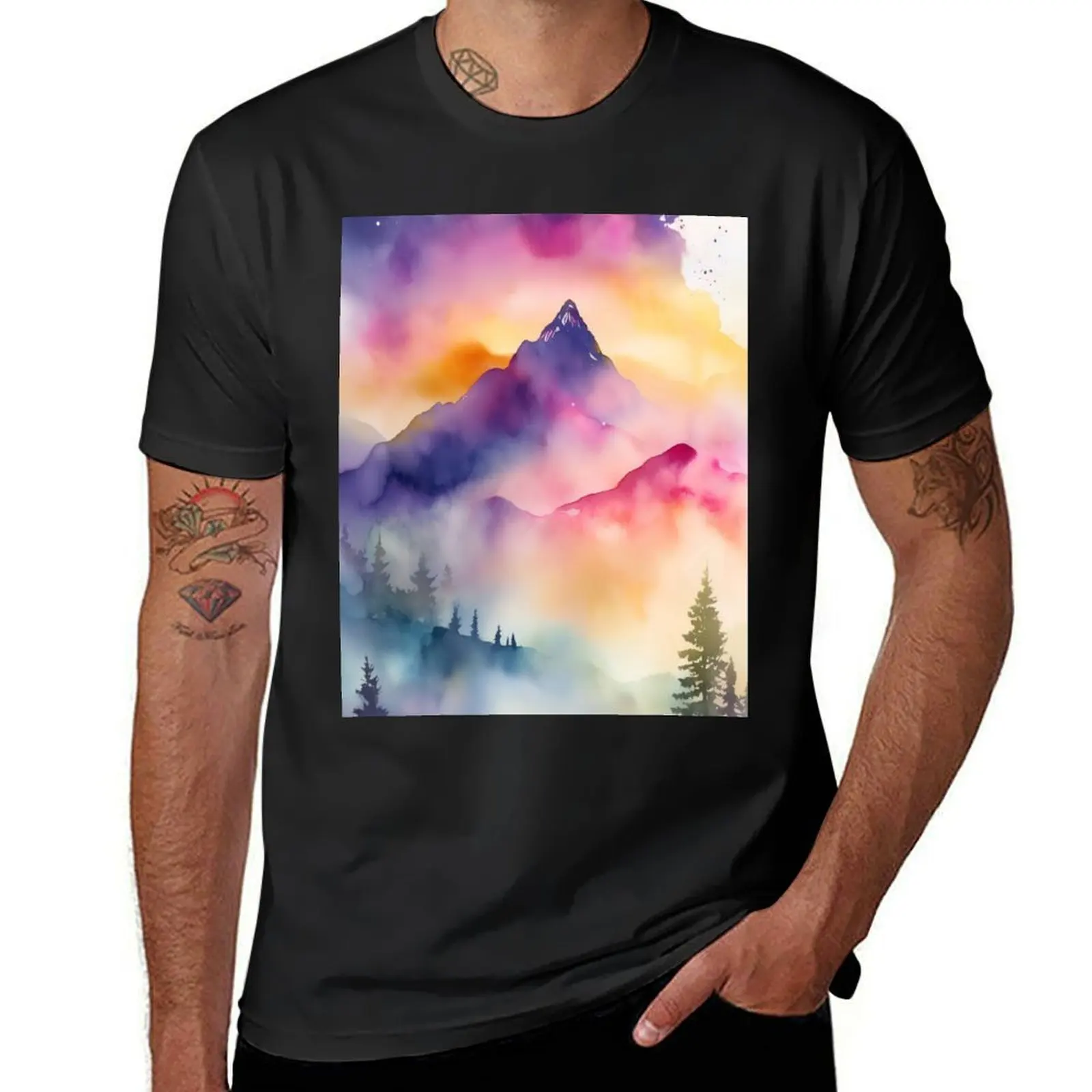 Serene Mountain Sunset Majestic Nature Painting T-Shirt cute clothes shirts graphic tees tees Men's t shirts