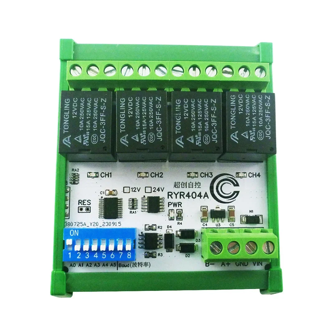 

The DIP Switch Set Parameters of Industrial Grade 4DO RS485 Relay Module DC 12V 24V Modbus RTU PLC IO Expanding Board RYR404A