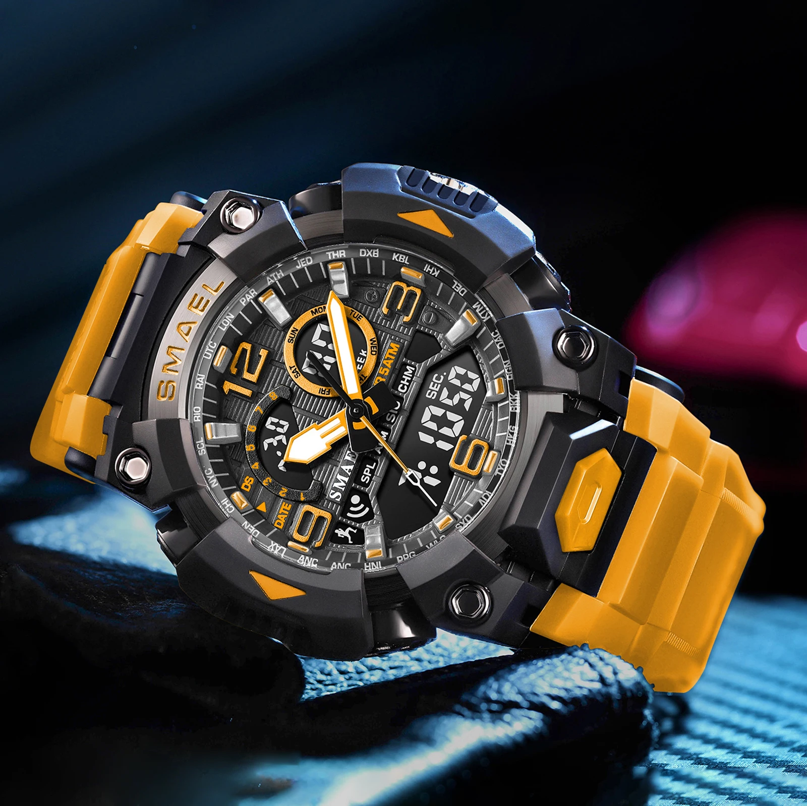 SMAEL Fashion Sports كاجوال إلكتروني للرجال، شاشة رقمية مزدوجة، حزام سيليكون مضيء، ساعات منبه مقاومة للماء للرجال