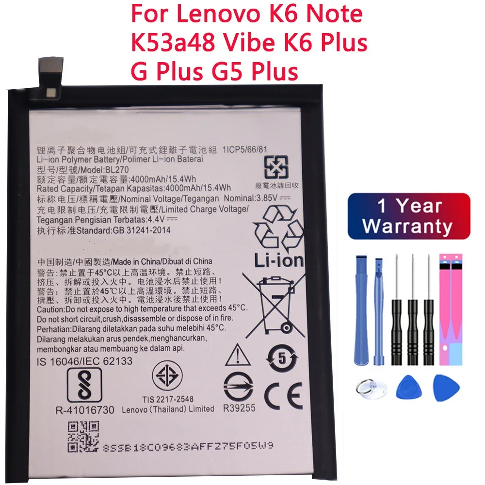 

BL270 4000mAh Battery For Lenovo K6 Note / G5 Plus K53a48 Vibe K6 Plus G Plus Phone Battery + Free Tools
