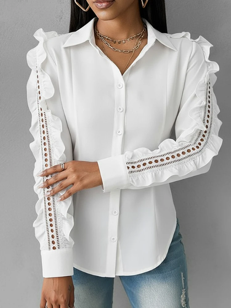 

Отложный воротник с оборками, ажурный дизайн, блузка с длинными рукавами и пуговицами спереди, топ с асимметричным подолом