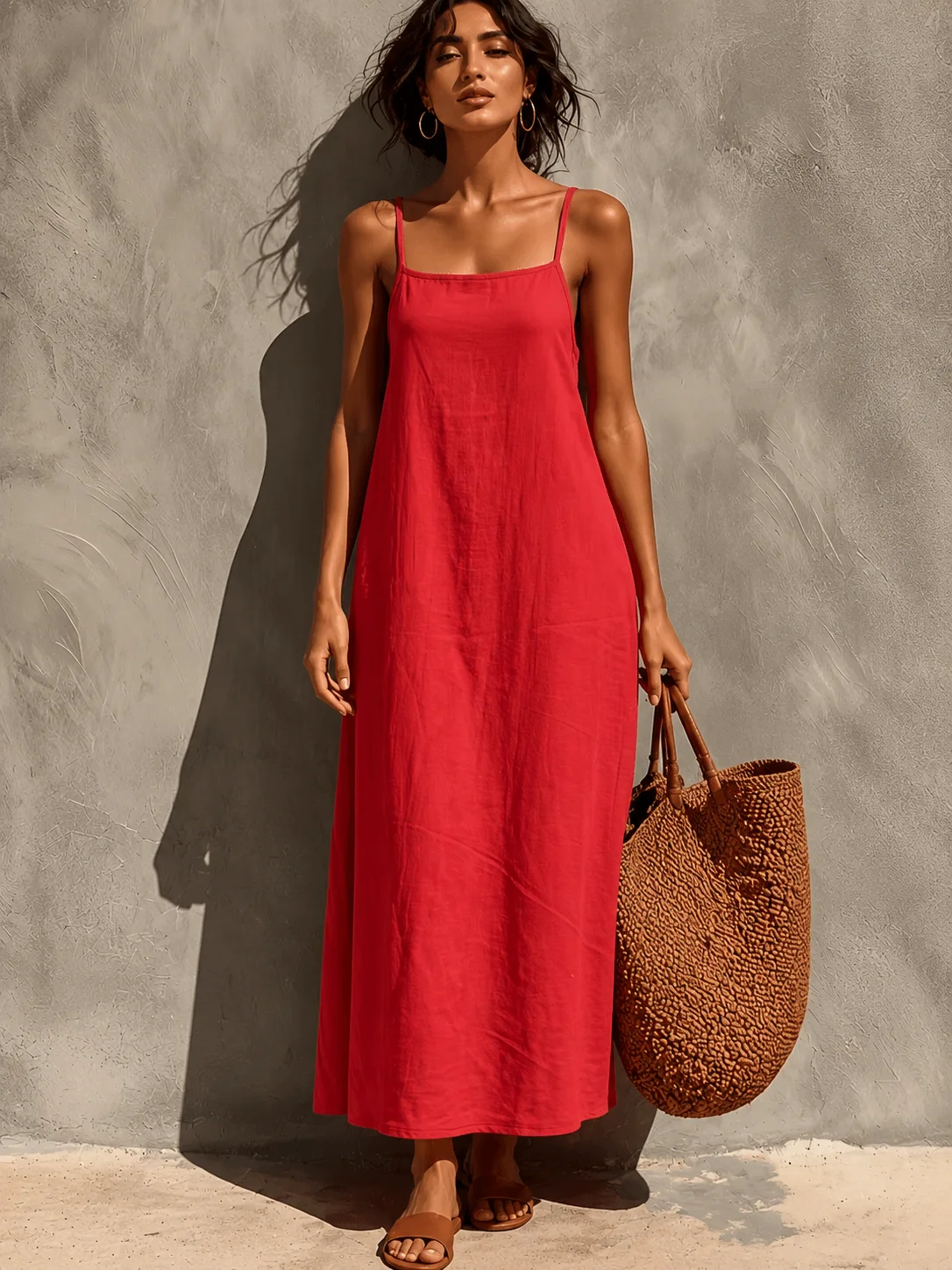 Neues Sommer-Leinen-Slip-Kleid für Damen im französischen Stil, Vintage Rotes Kleid mit eckigem Ausschnitt, lockeres gerades Maxikleid, aus ausgewähltem Leinenstoff, feuchtigkeitsableitend – Detail 1