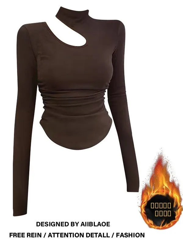

plus Size Fleece Lined Brushed Hollow out Long Sleeve High Neck Women's T-Shirt Autumn Winter Casual Style Base Layer Top