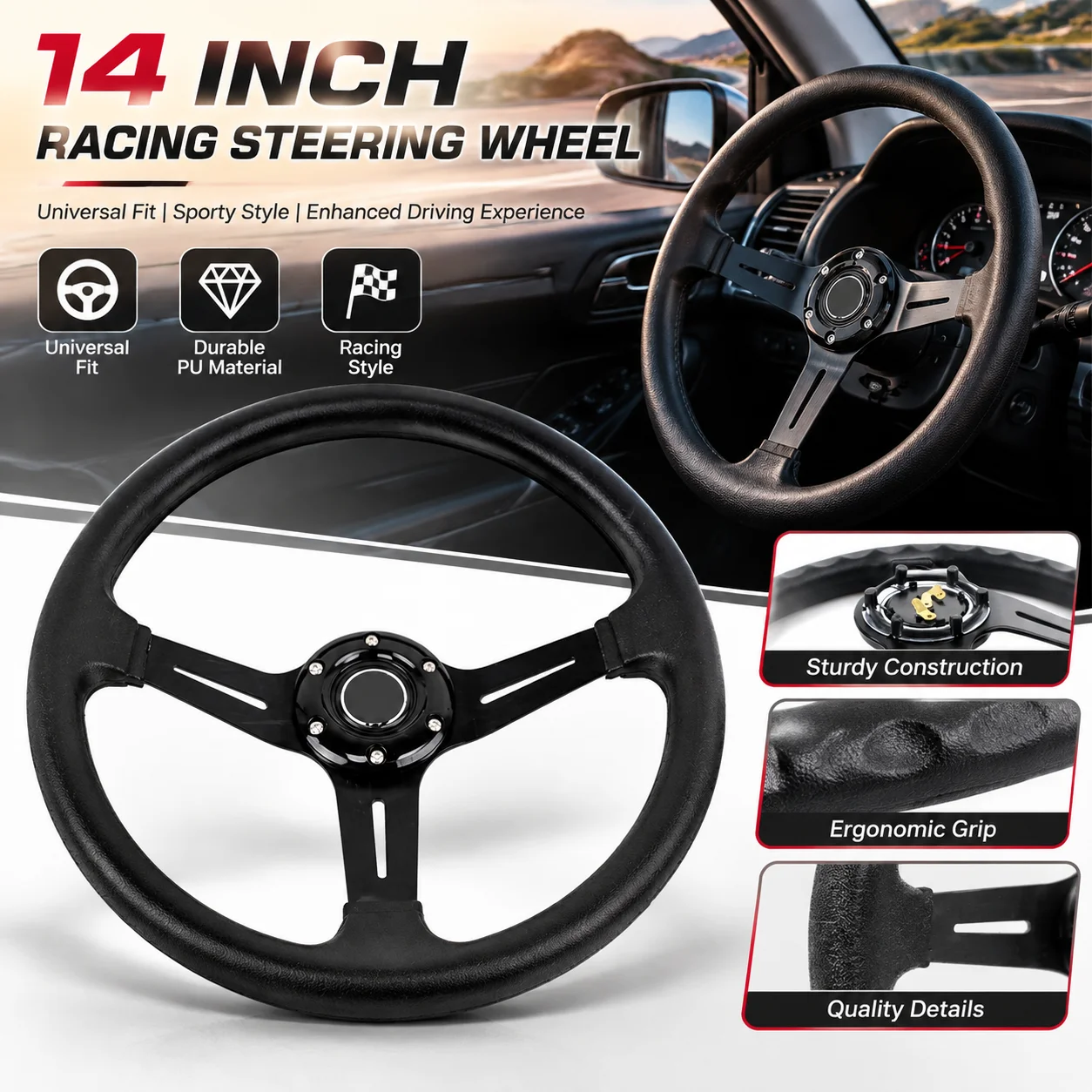 Volante Sportivo Universale da 14 Pollici in PU per Modifiche Auto, Volante da Corsa con Profilo a Mais per Drifting
