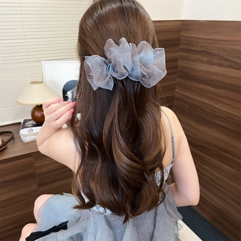 Large Tulle Bow Starry Banana Hair Clip For Women, Gradient Dye High‑End Elegant Ponytail Hair Barrette, Fashion Girls Headwear
