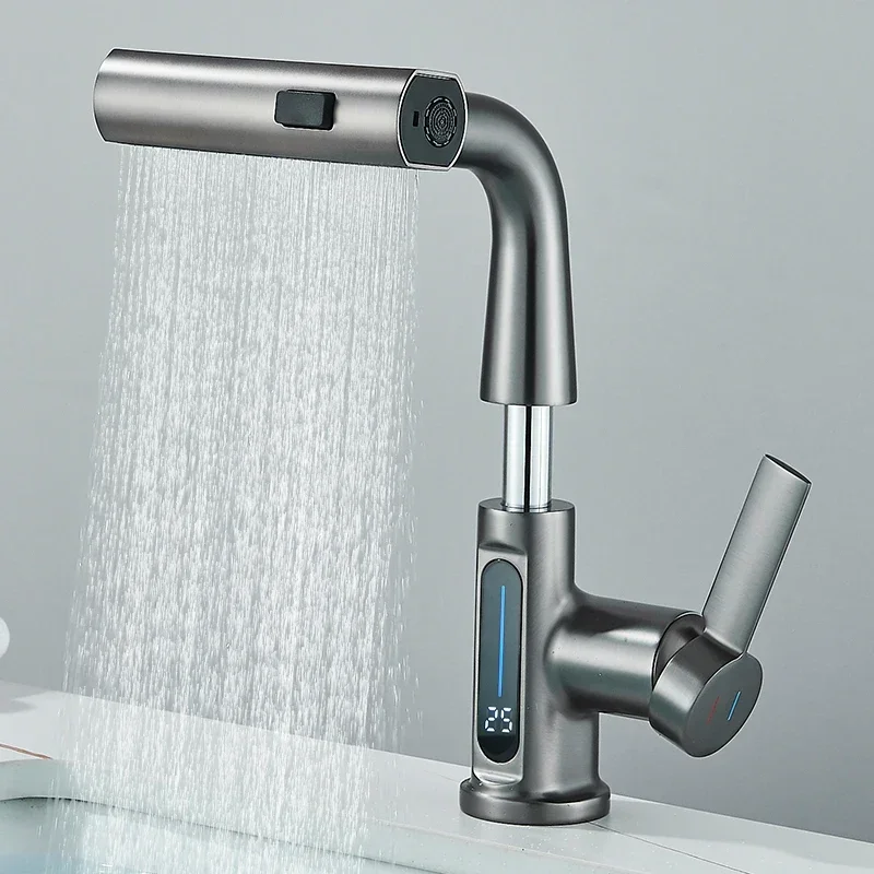 Temperature Digital Display Basin Faucet For Bathroom Pull Out Waterfall Stream 3 Way Sprayer Hot Cold Water Sink Mixer Wash Tap