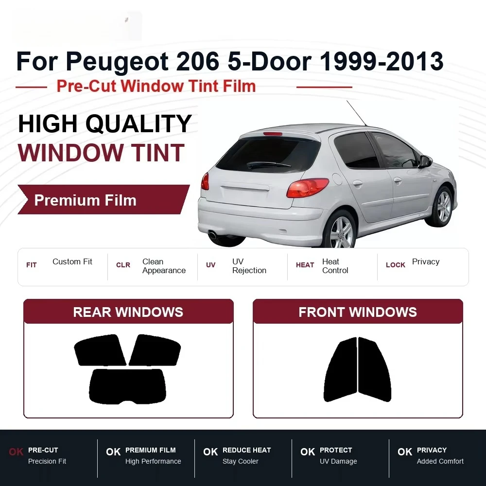 Pre-Cut Premium Window Tint For Peugeot 206 5-Door 1999-2013 Front & Rear Windows, Privacy Film Blocking Heat and UV Rays