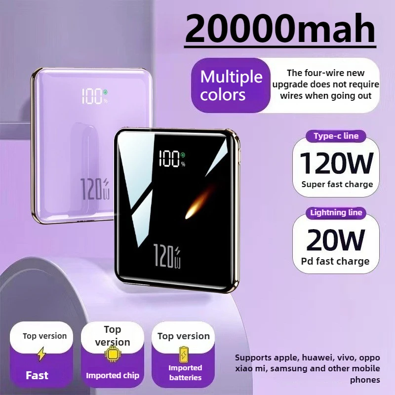 PowerBank 20000mAh Ultra Thin Portable Charger with Built-in Cable Large Capacity Super Fast Charging Powerbank for Smartphones