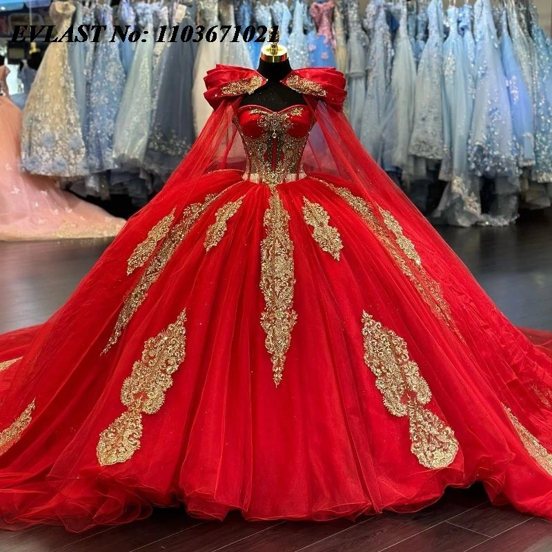 

EVLAST Customized Red Quinceanera Dress Ball Gown Gold Applique Beading Crystal With Cape Sweet 16 Vestidos De XV 15 Anos SQ22