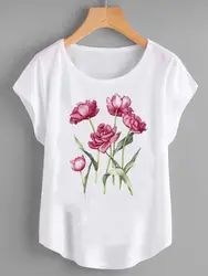 Camiseta con estampado de flores para mujer, ropa de manga corta de dibujos animados