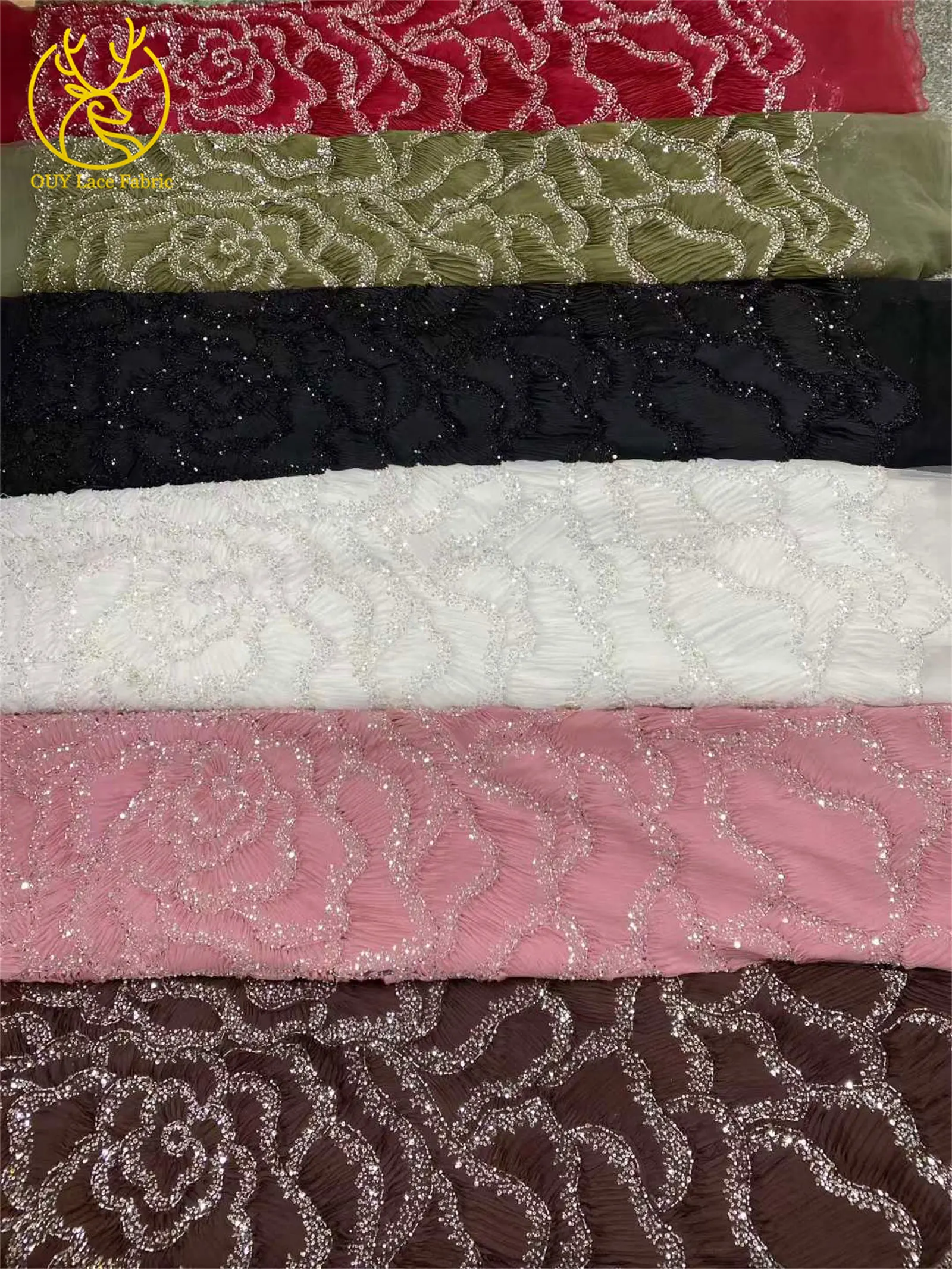 Modischer roter 3D-Französischer Mesh-Stickerei-Spitzenstoff mit Perlen und Pailletten, afrikanischer nigerianischer Spitzenstoff zum Nähen von Abendkleidern – Detail 3