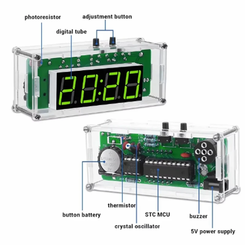 TJ-56-428 4-Digit Digital DIY Clock Kits with Acrylic Shell, DIY Alarm Clock Soldering Practice Kit for Learning Electronics