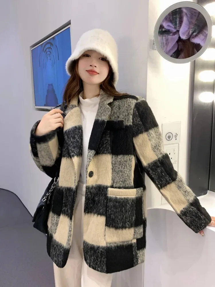 Insozkdg Women Blazer Korean Plaid Woolen Suit Coat Women’s Autumn Winter Medium Length Loose Temperament Thickened Woolen Coat