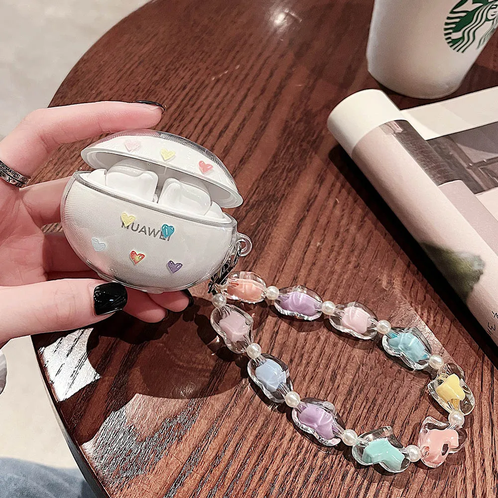 سيليكون سوار الحبل الحال بالنسبة لهواوي Freebuds 5i 4 برو 3 4i شفافة القلب لون الحلوى حالة سماعة شحن غطاء صندوق