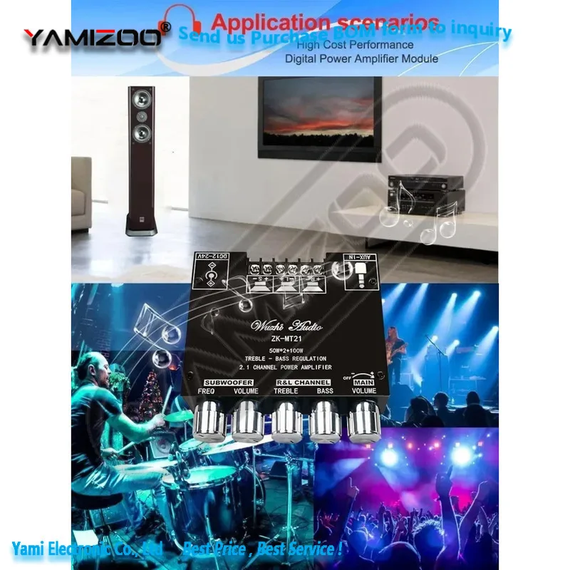 ZK-MT21 2x50W+100W 2.1-Kanal Subwoofer Digital-Leistungsverstärker-Platine AUX 12V 24V Audio Stereo Bluetooth 5.0 Bass-Verstärker für Zuhause – Detail 3