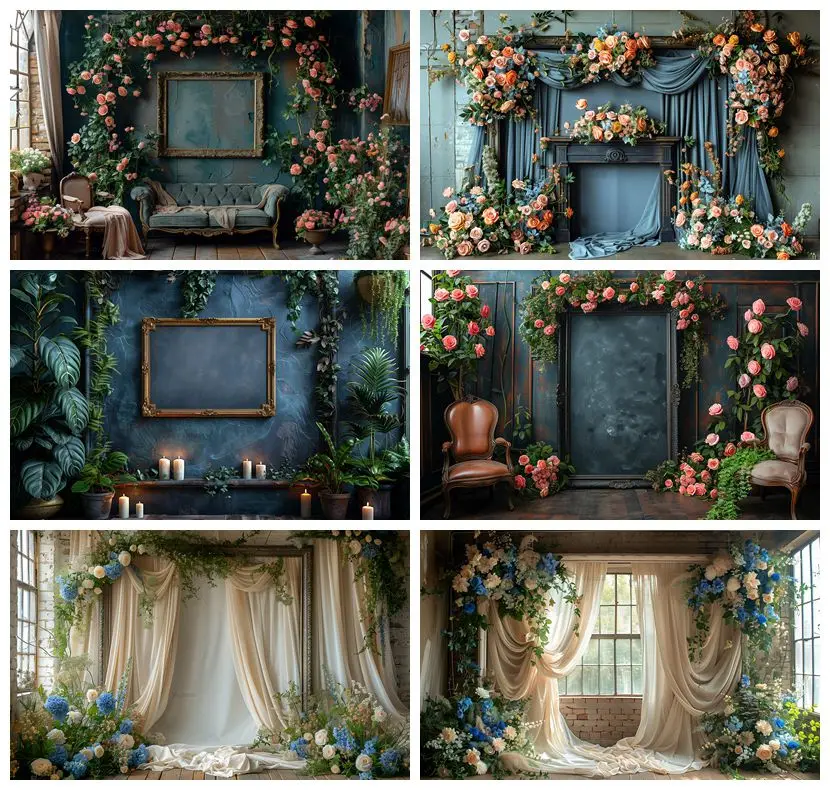 Vintage Room Curtain Flowers Backdrop Adult Birthday Party Bridal Baptism Pregnant Portrait Custom Decor Photo Studio