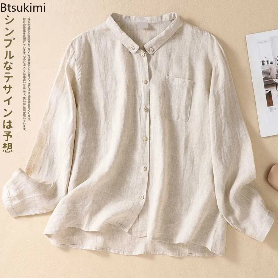 2024 New Women's Long Sleeve Casual Blouse Breathable Comfort Cotton Linen Cardigan Solid Sun Protection Wear Females Loose Tops