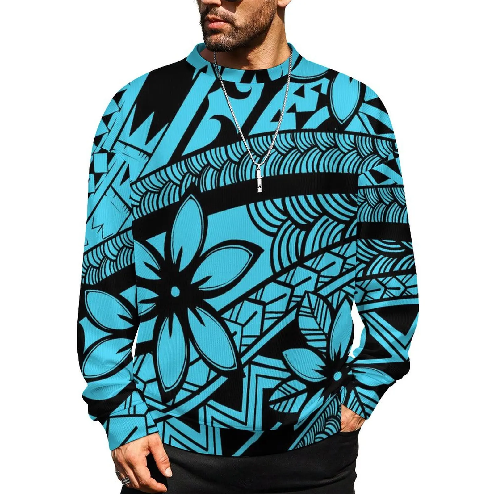 Samoa Fiji Islands Custom Wholesale Polynesian Traditional Flower Print Design Men'S Autumn And Winter Warm Sweater New