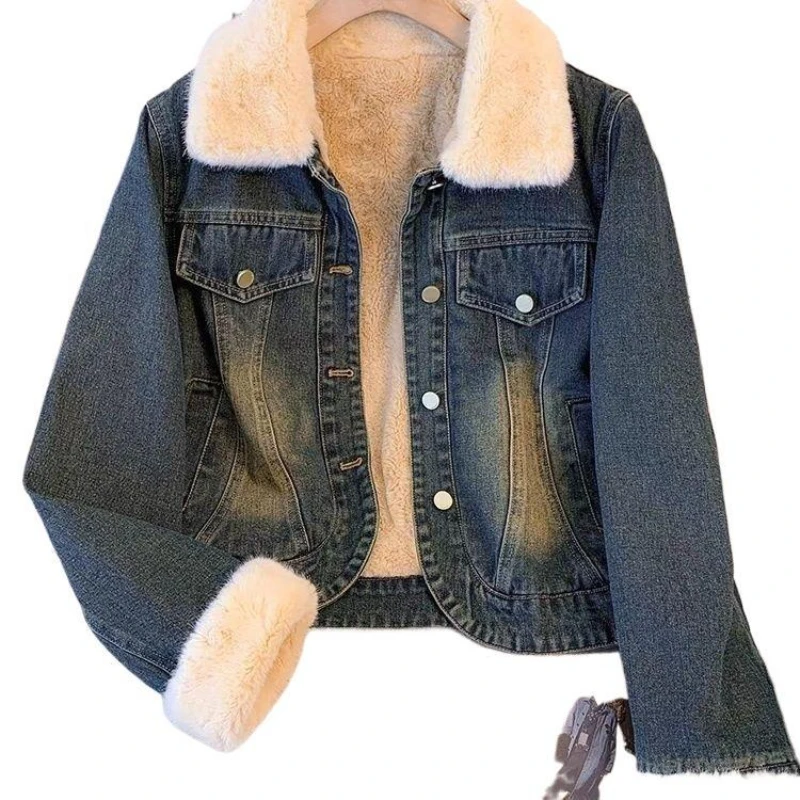 

Осень/зима новая женская джинсовая куртка бархатный внутренний слой джинсовое пальто толстая теплая ковбойская верхняя одежда женский короткий уличный повседневный топ