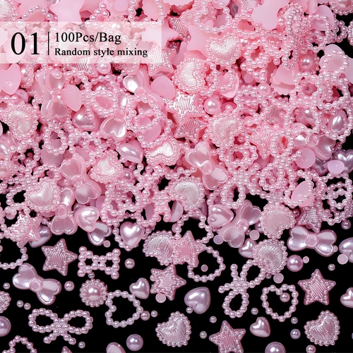Imagen 1 del producto 50/100/200 Uds. De abalorios para uñas en forma de corazón con lazo rosa perla para arte, cuentas de flores 3D con parte posterior plana, decoraciones para uñas DIY, accesorios a granel