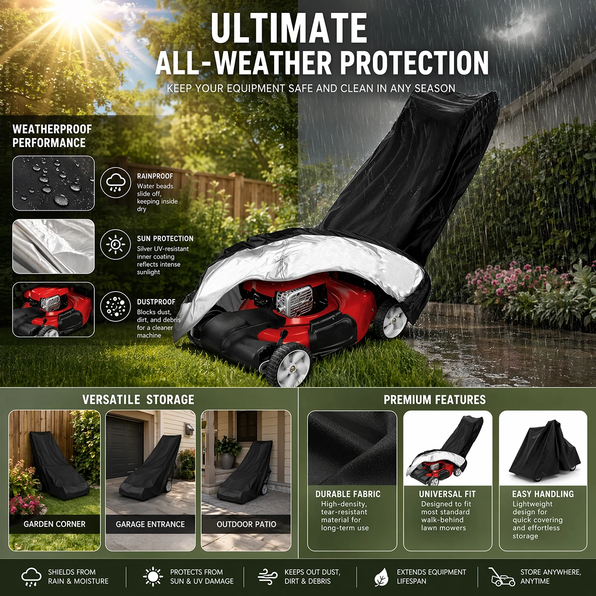 

Premium 1PC Oxford Fabric Push Lawn Mower Cover - Heavy-duty Universal Outdoor Protector (Black)