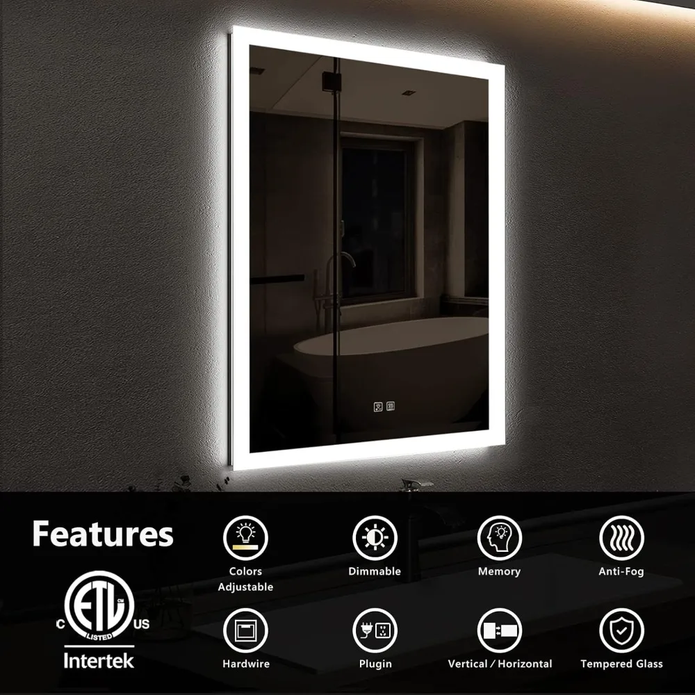 Anti-Fog Bathroom Mirrors 24 X 30 Inch LED Bathroom Mirror With Adjustable 3-Color Frontlit Smart Memory Function Freight Free