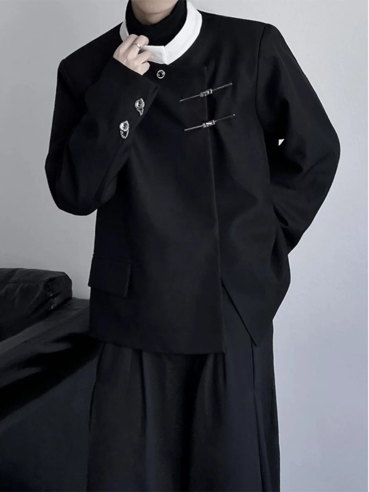 

New Chinese Sle Stand Collar Pad oulder Suit Jaet for Men And Women Metal Bule Casual Top Trendy Youth