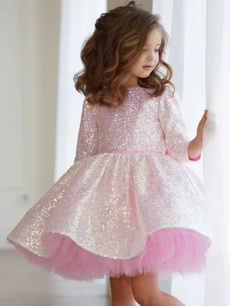 Kids Dress for Girls Wedding Sequins pink Dress Princess Long sleeved Party Pageant Formal Gown For Teen Children Dress