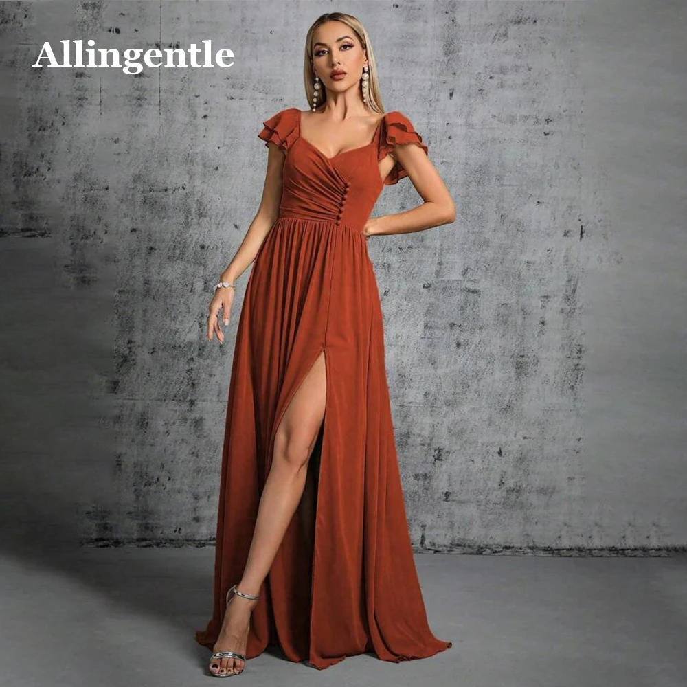 Allingentle Elegant V-Neck Pleated Bridesmaid Dresses Side Slit 2024 Ruffles Cap Sleeves Evening Party Gowns A-Line Floor Length