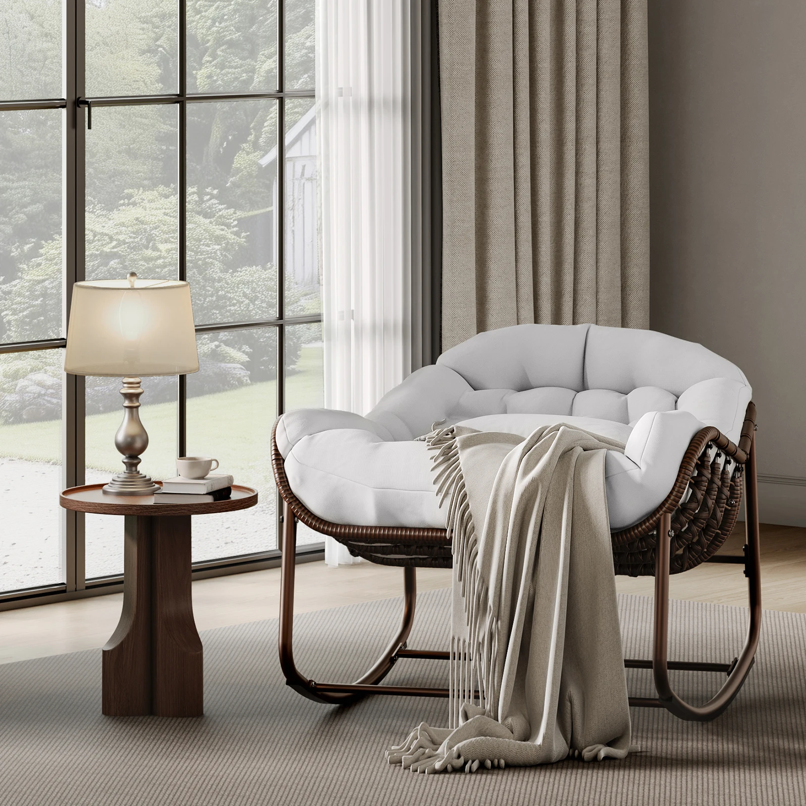 Sedia a dondolo da esterno modello Papasan, taglia XXL – sedia a forma di uovo in rattan PE, portata fino a 180 kg, con struttura in metallo e cuscino impermeabile e resistente ai raggi UV, spessore