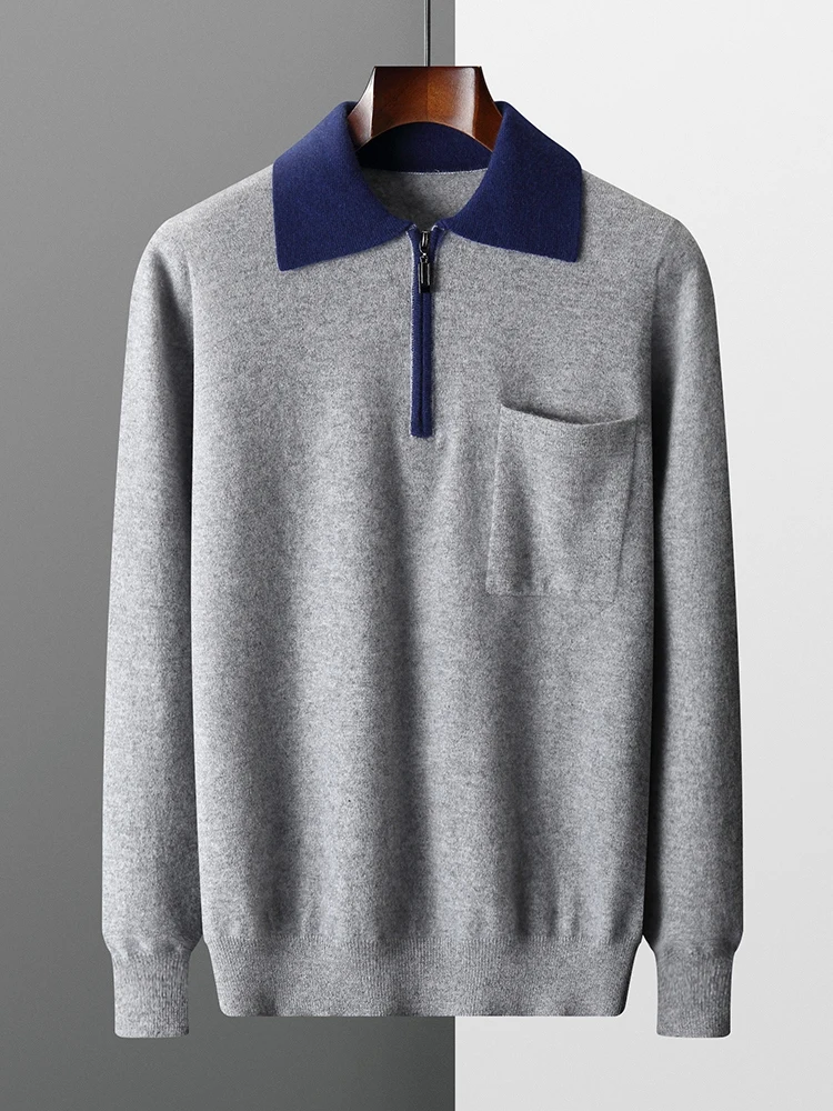 Maglione con colletto polo in colore a contrasto Autunno Inverno Pullover casual da uomo 100% maglieria in cashmere Mezza cerniera Design Abbigliamento maschile