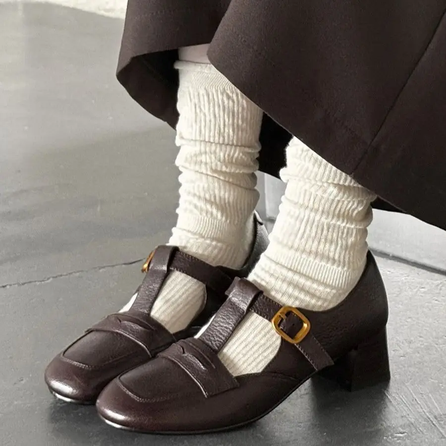 EAGSITY Grade A Cow Leather retro mary jane shoes women's chunky heel round toe ankle strap shoes footwear wedding party