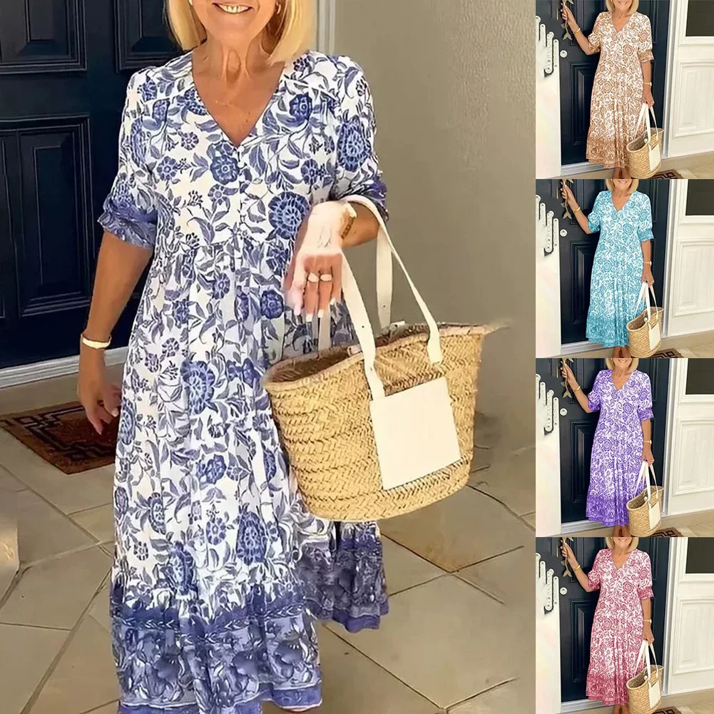 Vestido longo floral com gola V, irradia confiança neste, perfeito para praia e eventos de verão, opções de tamanho grande, disponíveis