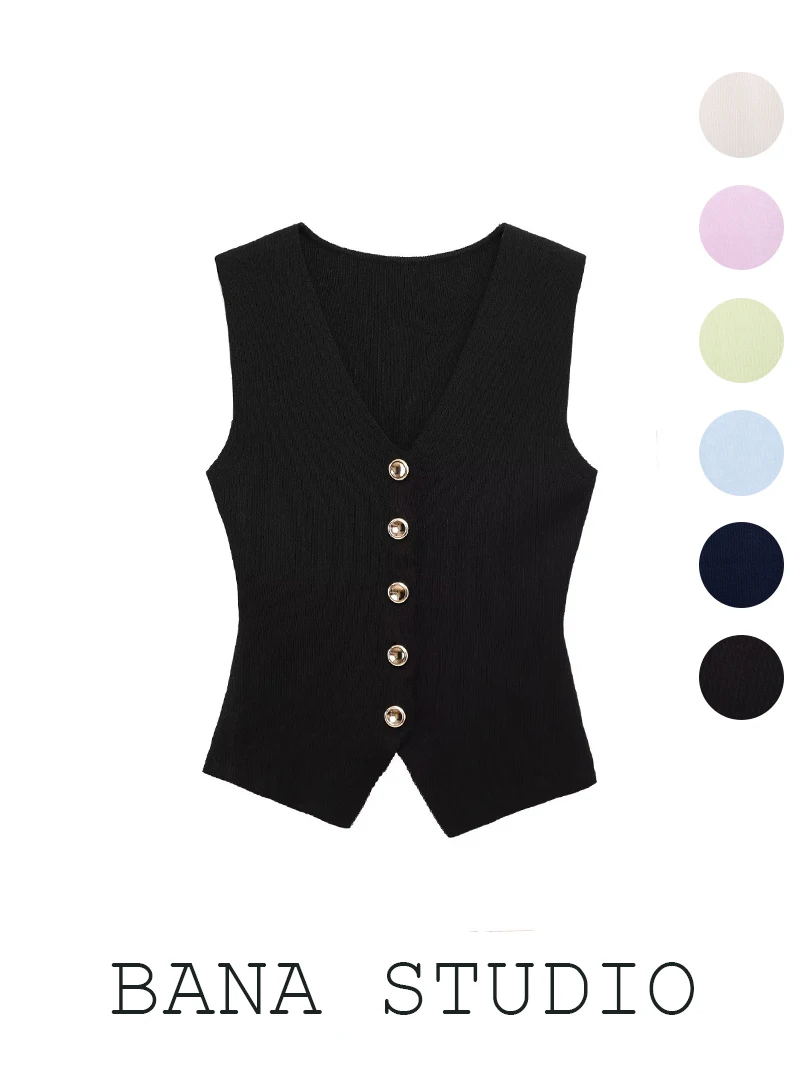 

Женский вязаный жилет BANA с застежкой на талии, костюм с V-образным вырезом, тюжет, модный костюм на пуговицах для поездок на работу, смесь хлопка и шерсти