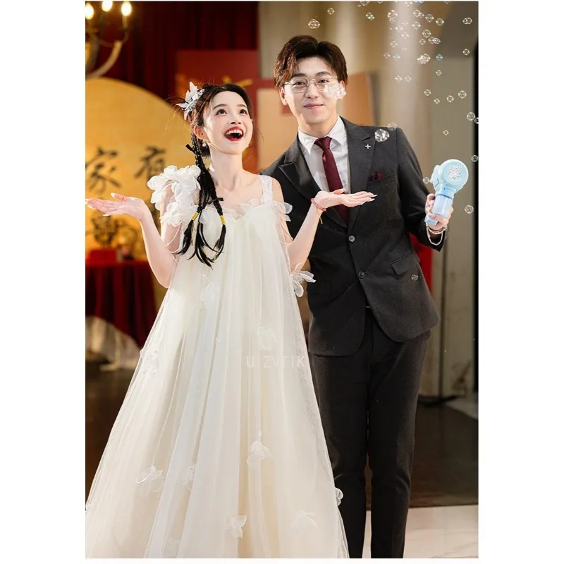 Simple Korea 3D Flowers Soft Tulle Wedding Dresses Elegant Photoshoot Sweetheart Pregnant Bride Gowns Birthday Party Customized