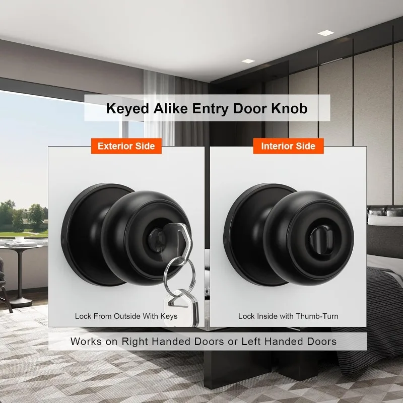 5 Packs Matte Black Door Knobs with Key,Exterior Black  Knob, Keyed Alike Door knobs,  Locks for Mobile Home Outdoor