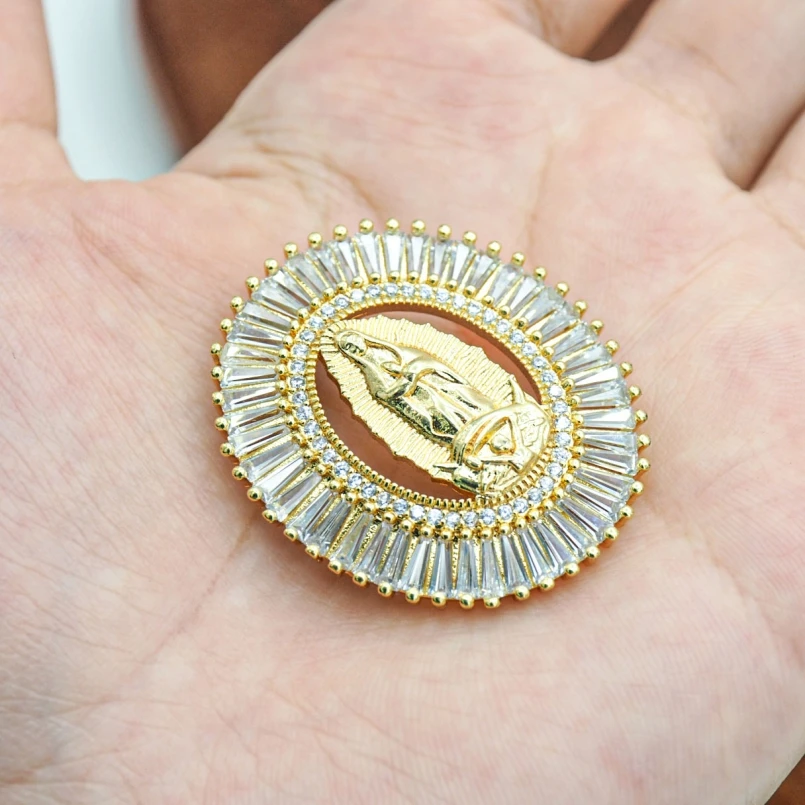 

1Pcs Cubic Zirconia Gold Color Pendant Our Lady Of Guadalupe Oval Invisible Setting Copper Approx 32.3x37.1mm Jewelry