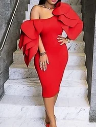 Women Red Party Dresses Bare Shoulder Leaf Tailoring Knee Length Dress Elegant Ladies Celebrity Birthday Evening Event Gowns 4XL