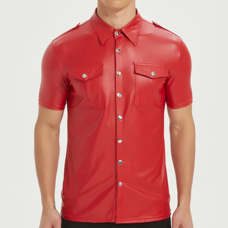 

Men's PU leather shirts elastic short sleeve superior quality