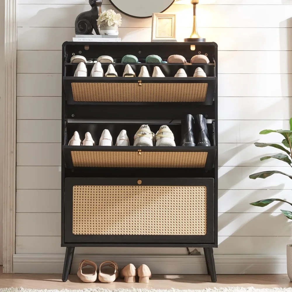 

Rattan Shoe Cabinet with 3 Flip Drawers, 24 Pairs Shoe Storage Cabinet for Entryway Freestanding Hidden Shoe Rack with Drawers S