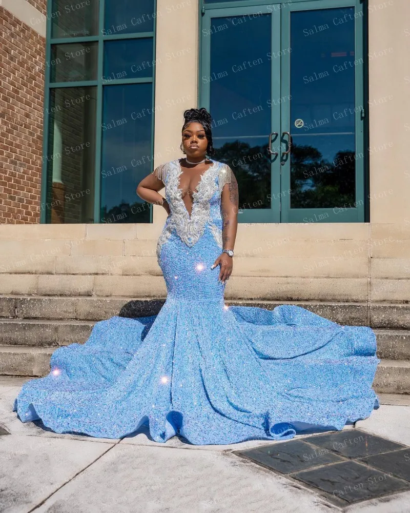 Light Blue Mermaid Dress Sequins Ruffled Sleevless Luxury South Africa Appliques Crystal Beaded Evening Dresses For Wedding