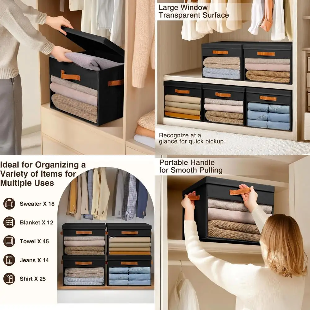 

4-Pack Collapsible Storage Bins with Clear View & Handles, Ideal for Organizing Clothes, Blankets, and More in Black