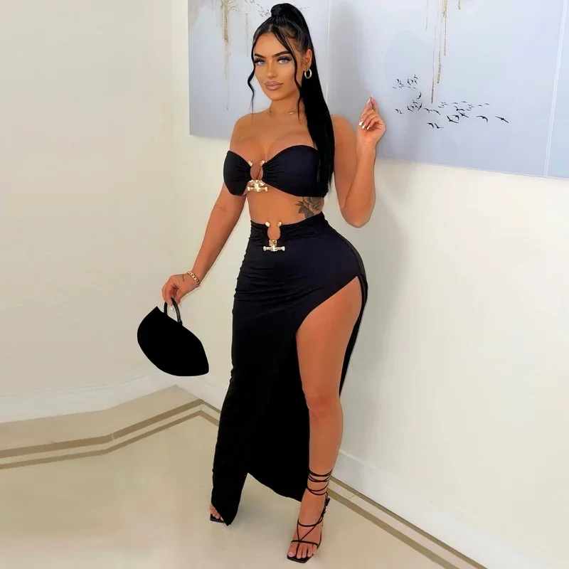 KEXU Gold Ring Bandeau Slit Skirt Two-Piece Set Women Sexy Off Shoulder Matching Skirt Set Party Nightclub Outfits