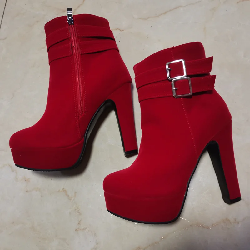 Fashion Women\'s Ankle Boots Winter Autumn Shoes Platform Boots Ladies Black Red Flock Buckle Short Shoes Woman Big Large Size 48