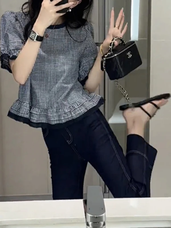 plus Size Women's irt Summer 2025 Plaid ort Sve Loose Belly Cover Sli Commute Korean Sle Bubble Sve Regular L...