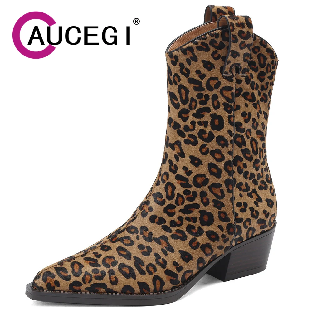 Aucegi Sexy Women Pointed Toe Mid Calf Boots Thick High Heels Mid-Calf Boots Fashion Leopard Horsehair Party Wedding Shoes