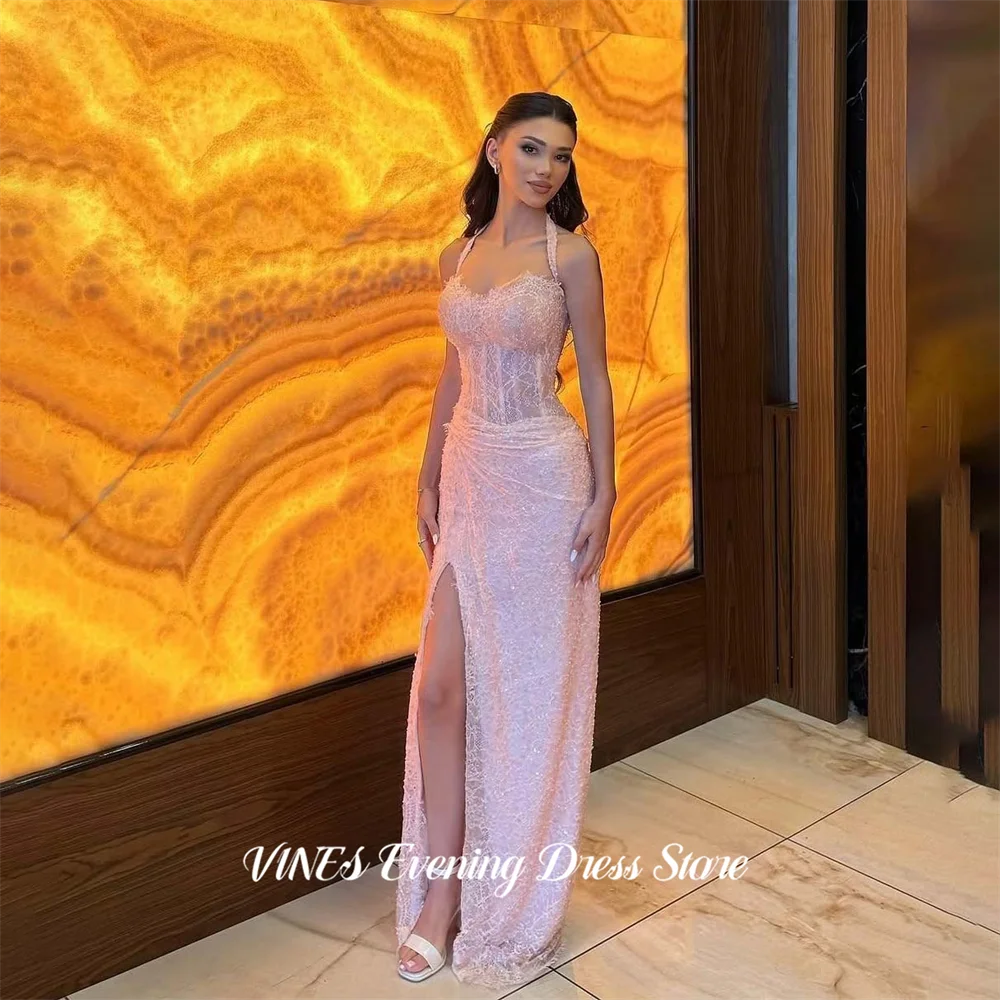 

VINES Pink Sleeveless Prom Dresses Halter Lace Gala Dresses Side High Split Trumpet Saudi Arabic Evening Party Gown Customized