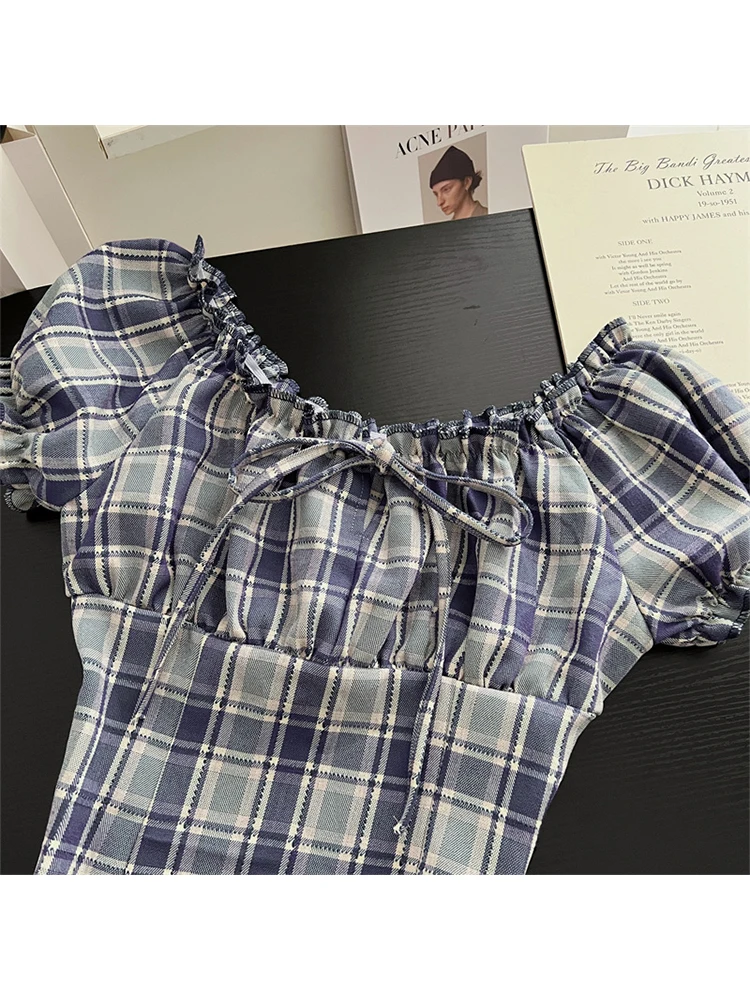 Women\'s Blue Plaid Shirts Blouses Y2k Streetwear Vintage Korean Harajuku 2000s Elegant Square Collar Short Sleeve Shirt Clothes