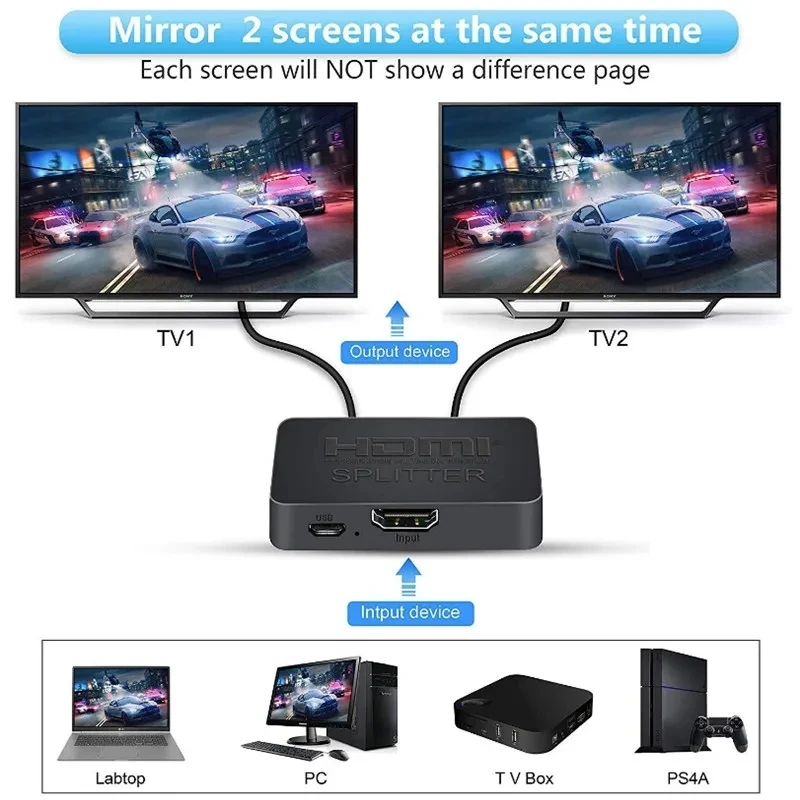 4K HDMI Splitter 1x2 HDMI Video Distributor 1 in 2 out Switch Amplifier 1080P Dual Display for PS3 PC Laptop Monitor Projector